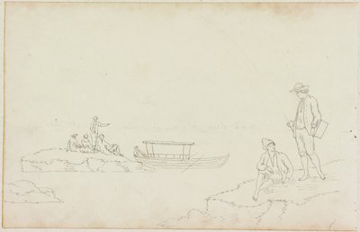 Man Fishing and People Relaxing on River Banks by William Beilby